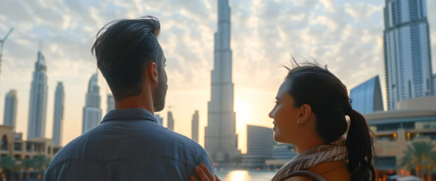 Dubai çalışma vizesi başvurusunu temsil eden uçak, bilet ve online danışmanlık illüstrasyonu