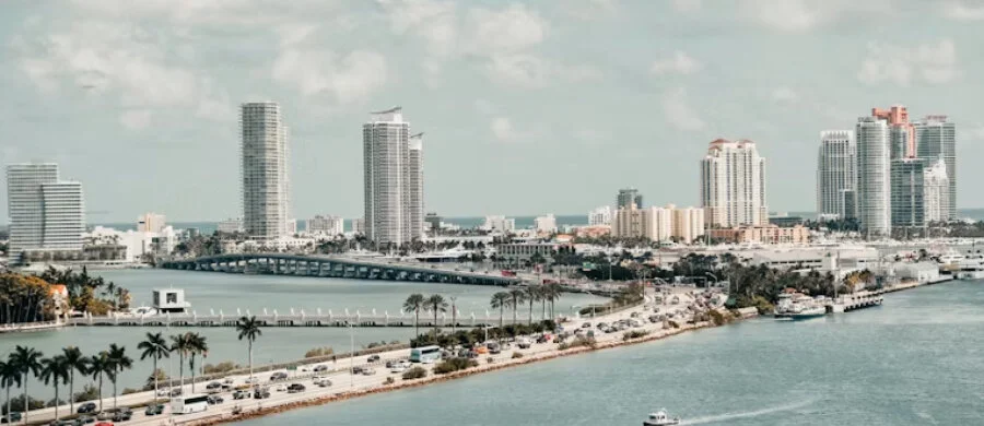 Modern city towers and a palm-lined boulevard used for the Bahamas company formation guide.