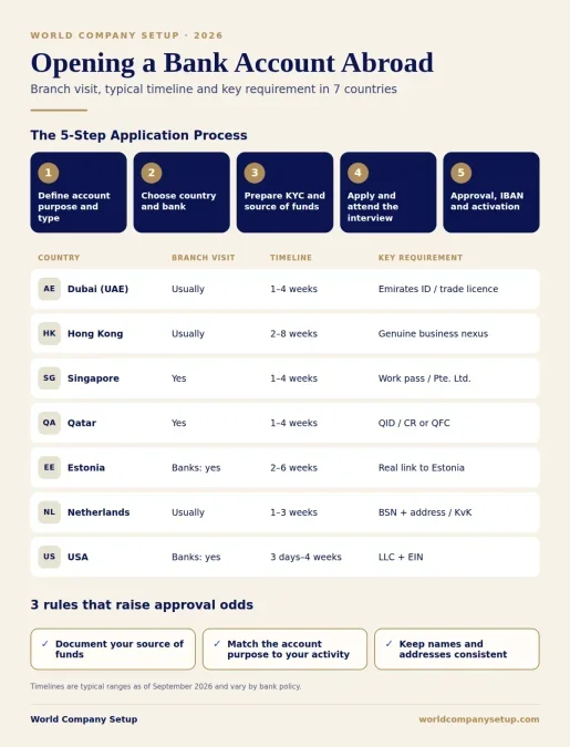 Bank account abroad infographic: the 5-step application and branch visit, timeline and key documents in 7 countries