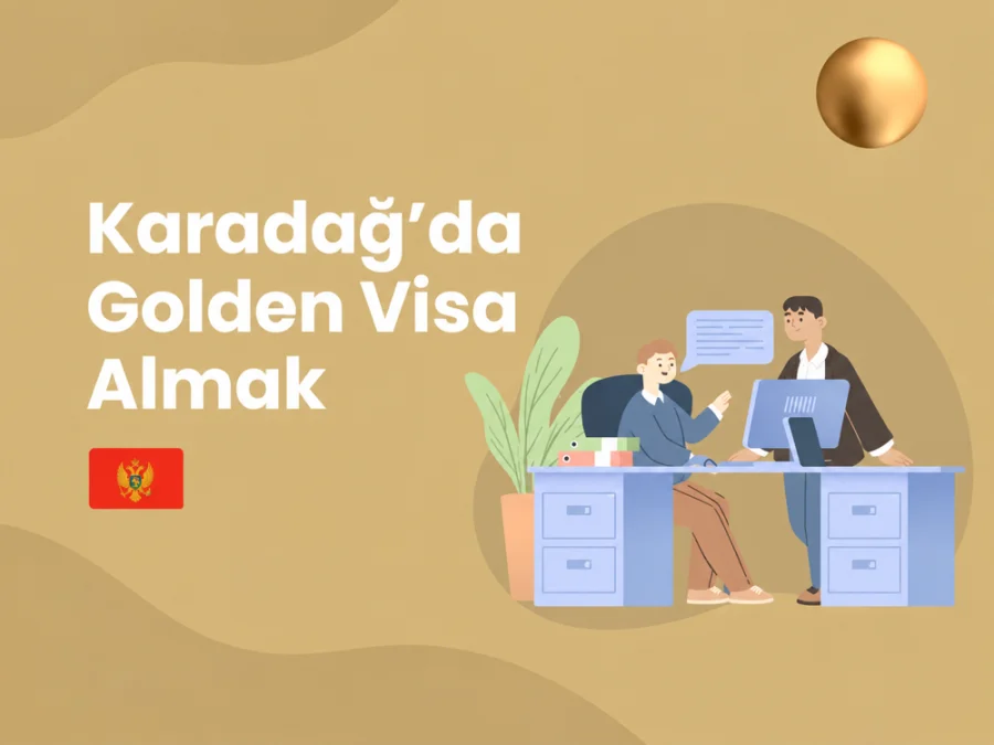 Karadağ bayrağı ve danışmanlık görüşmesiyle Golden Visa hizmetleri illüstrasyonu.