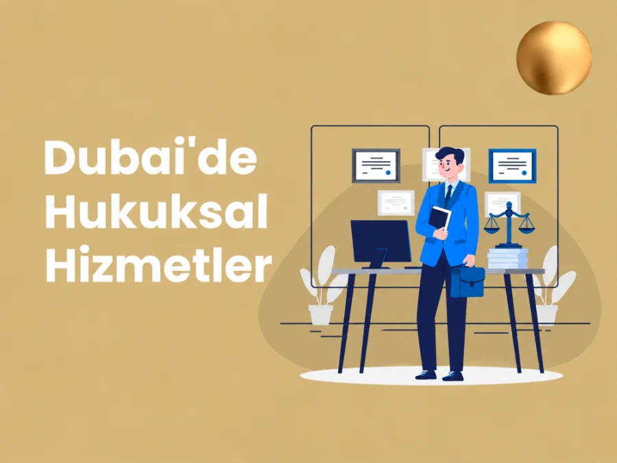 Illustration of a lawyer, office desk and scales of justice representing legal services in Dubai.