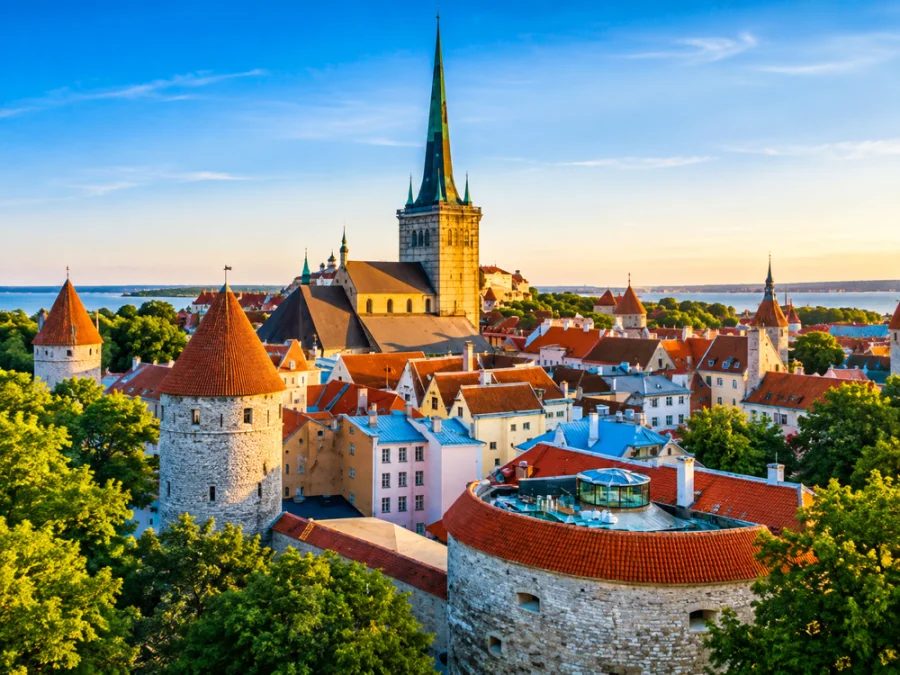 Tallinn's old town with historic towers and colorful rooftops.