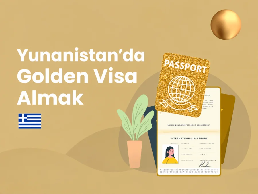 Illustration of the Greek flag and a gold passport representing Golden Visa services.