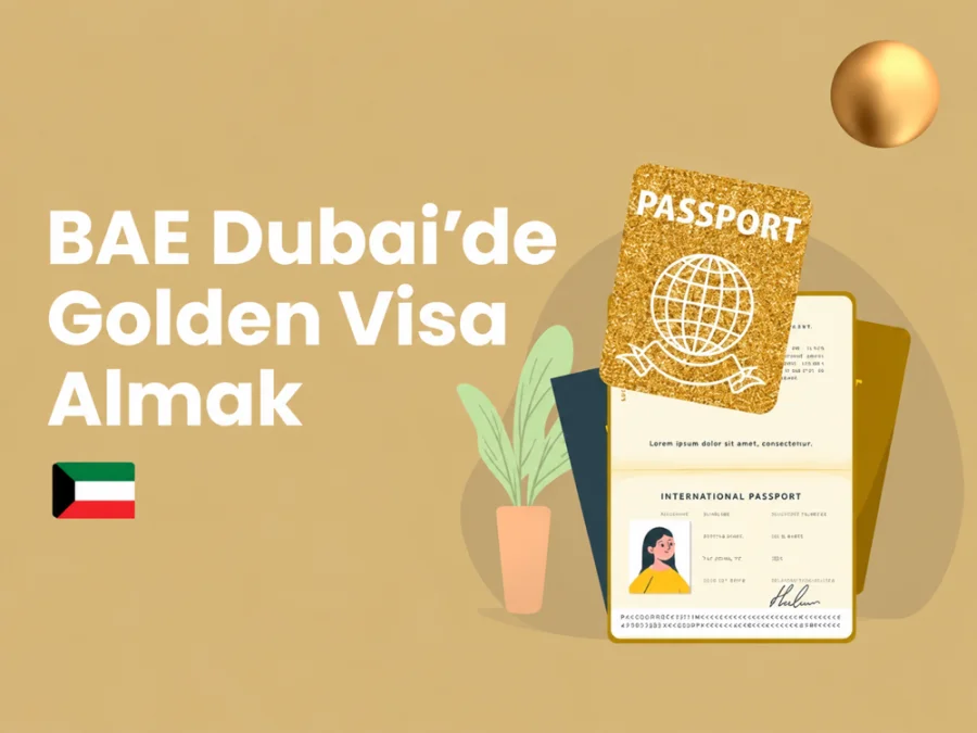 Illustration of a gold passport representing Dubai Golden Visa services.